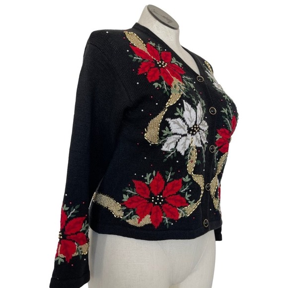Design Options Cardigan Holiday Poinsettia Floral Black Beaded Size Large VTG - Picture 3 of 12
